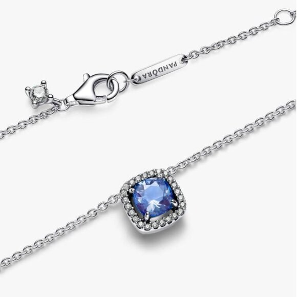 Pandora Sparkling Square Blue Halo Pendant Necklace NWT - Picture 2 of 4